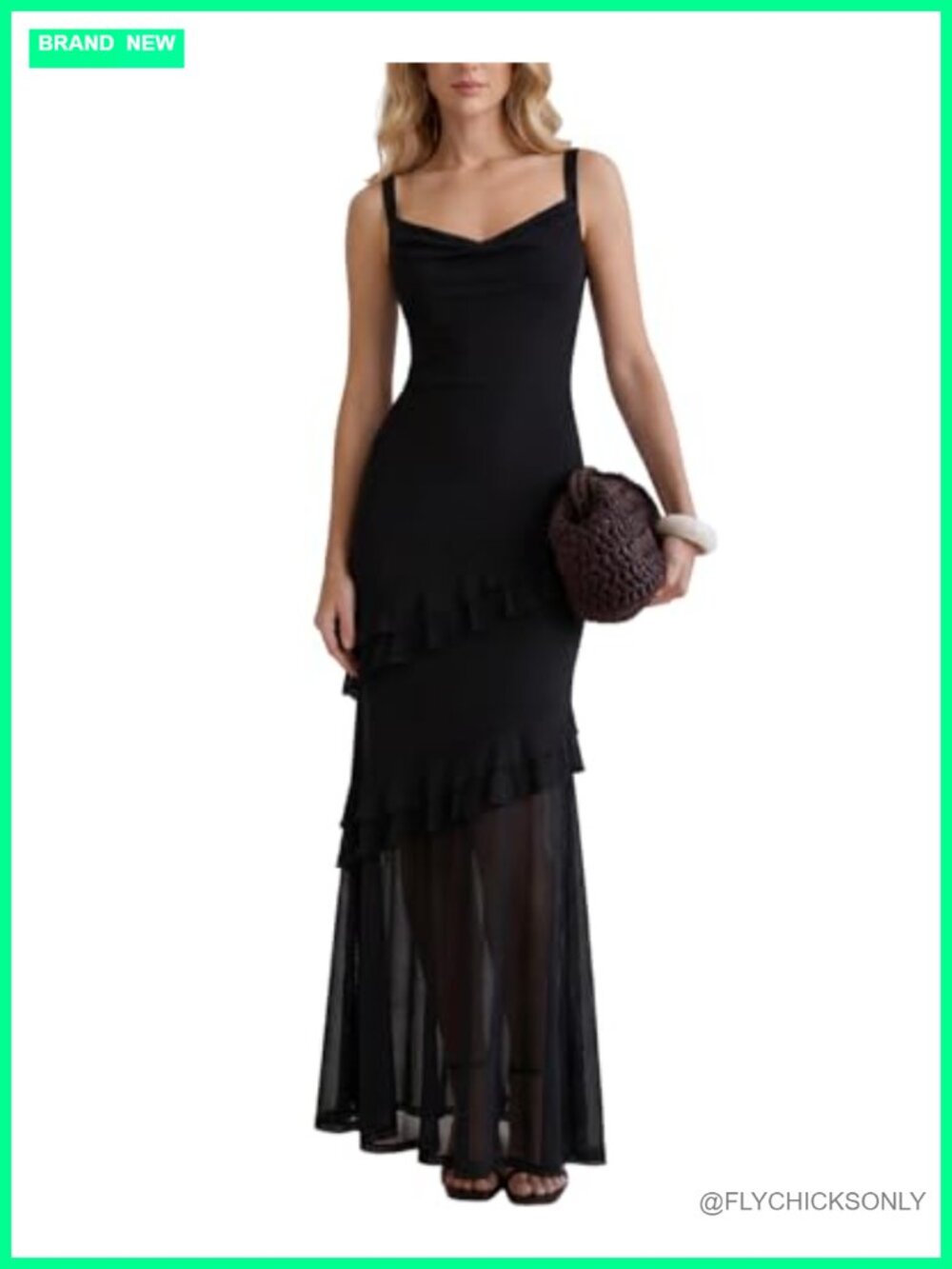 Ruffle Floral Bodycon Maxi Dress Cowl Neck Spaghetti Strap Formal Wedding Guest
